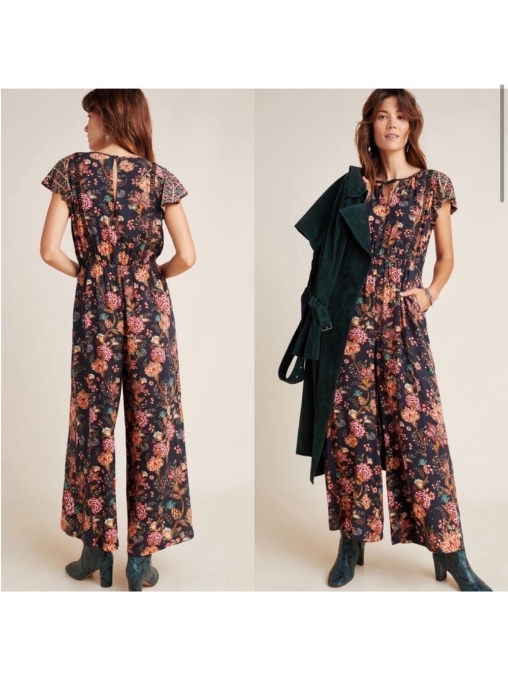Farm Rio Anthropologie Black Floral Wide-Leg Jumpsuit, size large